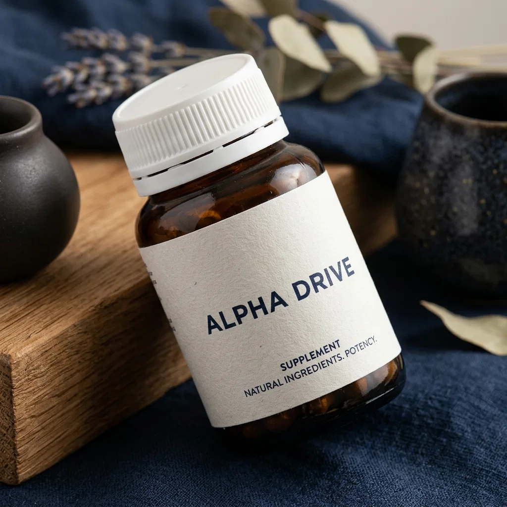 Lähikuva Alpha Drive -purkin korkista ja etiketistä