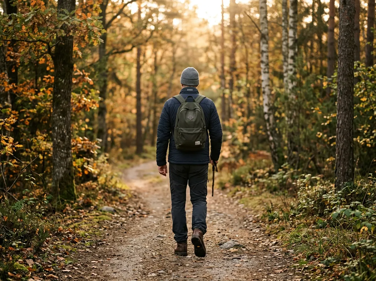 Anonyymi mies kävelemässä metsäpolulla selkä kameraan päin